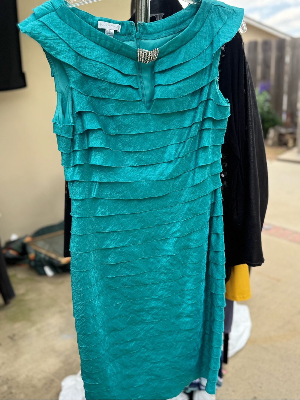 London Times Teal Tiered Sheath Dress with Jewel Accent